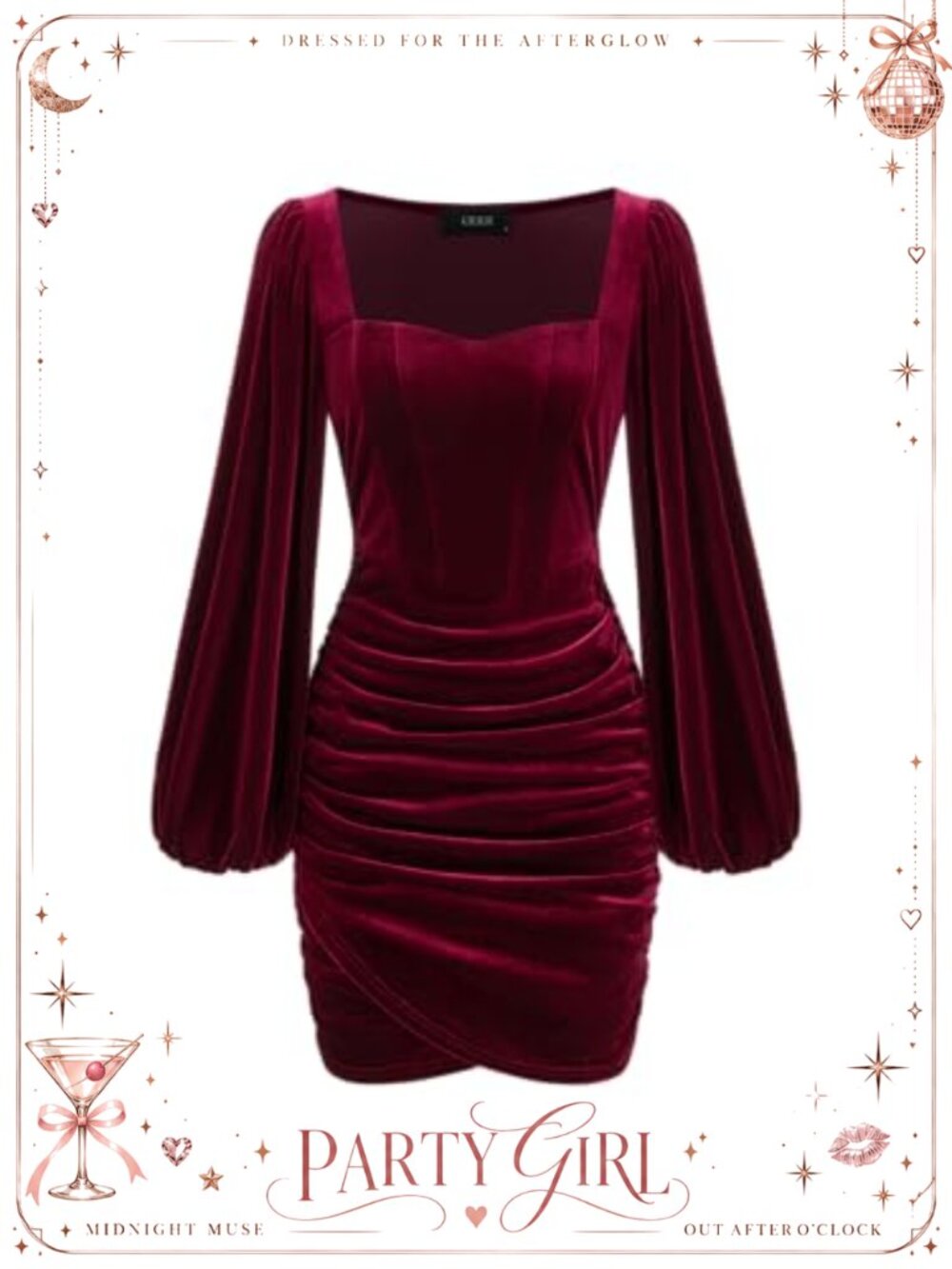 Velvet Mini Dress Long Sleeve Ruched Bodycon Square Neck Party